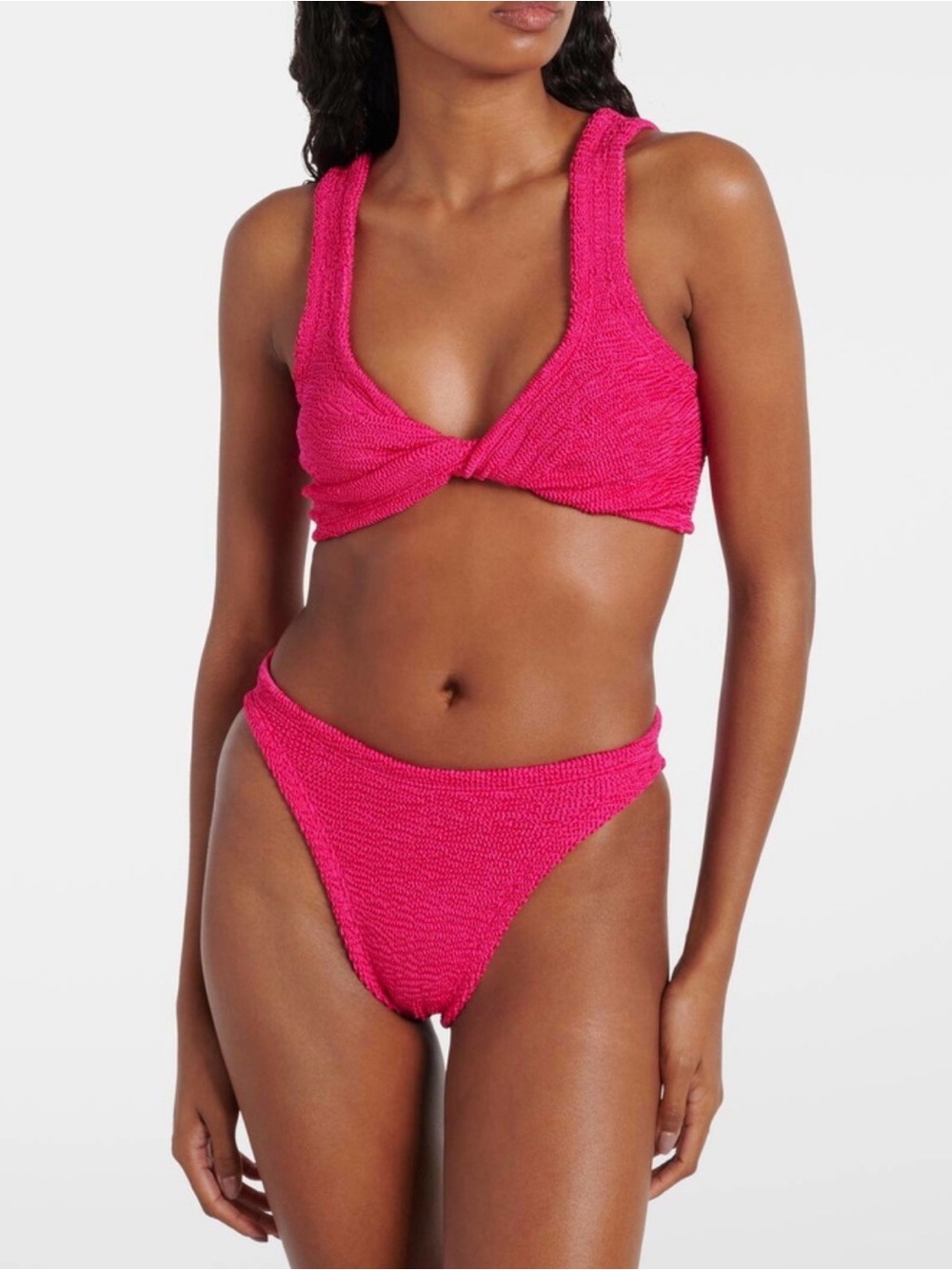 Hunza G Pink Textured Twist Bikini Top and High Leg Bottoms - One size - Juno